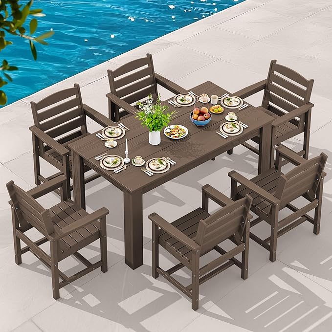 SERWALL Patio Dining Sets for 8, Outdoor Dining Sets for 8 Person with 2 Umbrella Hole Cut-Out Rectangular Tables and 8 Chairs, HDPE Dining Sets for Garden, Backyard, Poolside, Coffee