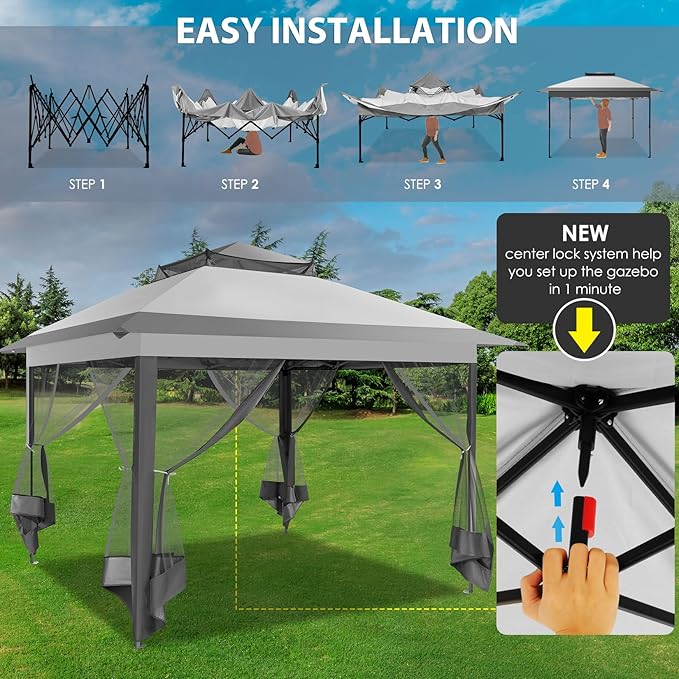 COBIZI 11x11 Pop Up Canopy One-Push Canopy Tent, Carpas para Patio, Outdoor Gazebo Shelter with Double Roof and Mosquito Net of Shade for Lawn, Garden, Backyard and Deck, Gray (Upgraded 2.0)