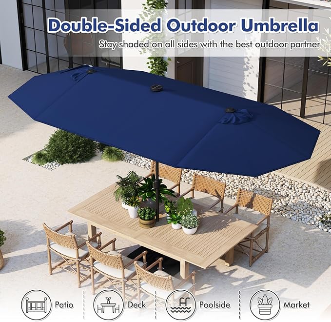HAPPYGRILL Double-Sided Patio Umbrella with Solar Lights, 13FT Large Umbrella with Base Included, Crank Handle, Market Twin Table Umbrella for Outdoor Backyard Garden Poolside