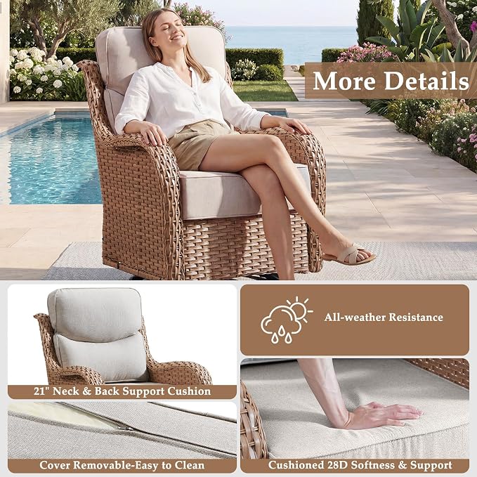 Luxury High Back Patio Furniture Set with 6-Inch Thick Cushions, 7-Pieces Outdoor Furniture with Swivel Chairs, Wicker Conversation Set for Porch, Balcony, Deck and Yard, Yellow/Beige
