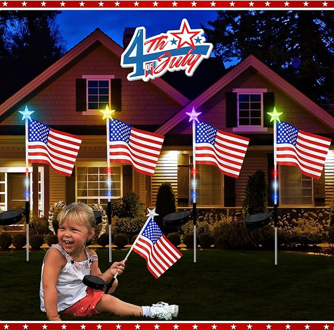 US Flag Solar Garden Lights, 7 Color Changing American Flag Light 4th of July Decorations Lights Patriotic Solar Lights Outdoor for Independence Day Memory Day Garden Yard - 4 Pack