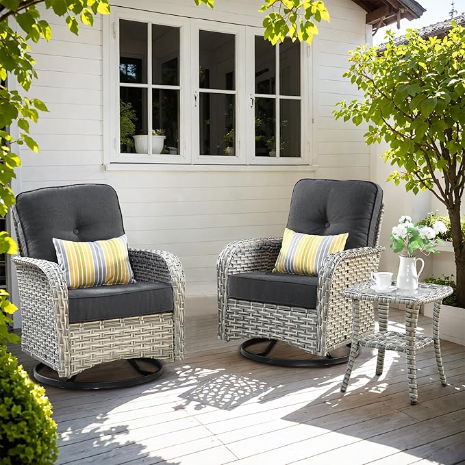 Outdoor Swivel Rocker Patio Chairs with Side Table,Wicker Swivel Rocking Chair Set of 2,3PCS High Back Wicker Patio Furniture Set Glider Chairs for Porch, Balcony, Deck and Yard,Black
