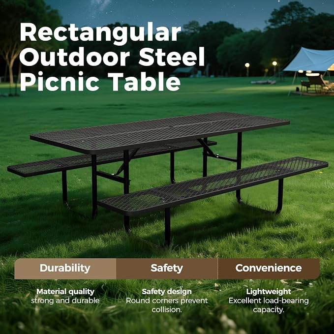 72 Inch Heavy Duty Picnic Table for Outdoors, Rectangular Camping Table with Benches and 1.78" Umbrella Hole, Commercial Grade Steel Frame, 2200 lbs Load Capacity, Black