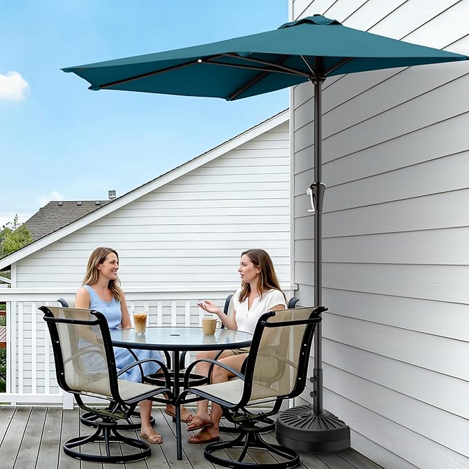 AreShark 9FT Half Patio Umbrella, Outdoor Wall Umbrella with Crank & 5 Sturdy Ribs, Table 1/2 Umbrella Patio for Garden, Deck, Balcony and Pool, Lake Blue