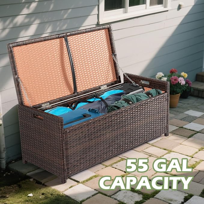 Tappio Deck Box Outdoor Storage Box Bench, PE Rattan Storage Bin with Built-in Handle and Beige Cushion for Pool and Garden Accessories