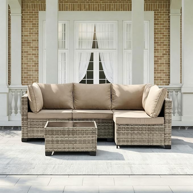 MOCHITO 5 Pcs Outdoor Patio Furniture Sets Grey Rattan Khaki Cushions | All-Weather Sectional Sofa, with Glass Table, PE Rattan Wicker Patio Furniture , Washable Cushions, for Balcony Porch Garden