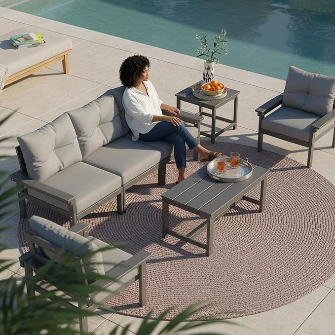 Grey HDPE Outdoor Patio Furniture Set, 7-Piece Patio Conversation Sets with Coffee Table & Side Table & Washable Thick Cushions, Outdoor Sofa for Balcony, Porch, Poolside