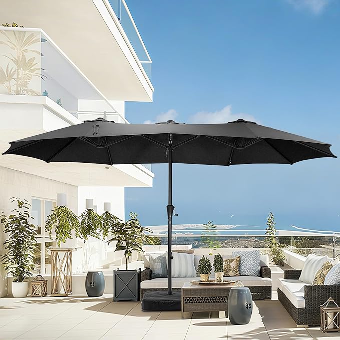 15 ft Patio Umbrella with Base, Large Rectangle Outdoor Umbrella with Matching Stand, Strap, Crank, Black