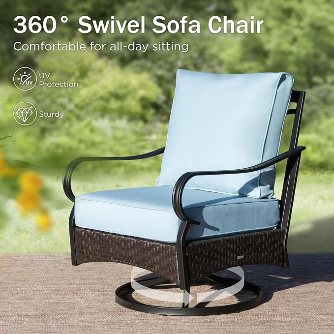 PHI VILLA Outdoor Modern Patio Furniture Set, Upgraded Wicker & Metal Patio Conversation Set with Waterproof Thick Cushions for Porch, Poolside, Yard (5 Pieces,Blue)