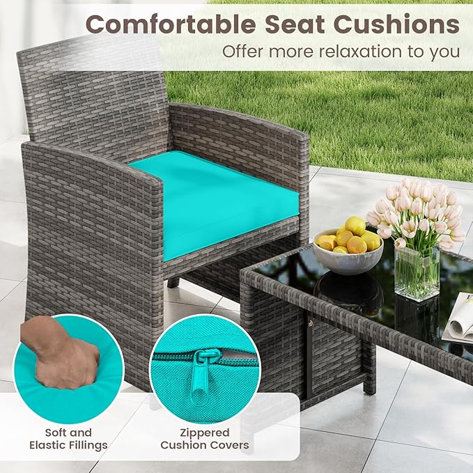 HAPPYGRILL 8 Piece Rattan Wicker Patio Conversation Set, Outdoor Furniture with Chair Loveseat Table & Cushion, for Backyard Porch Balcony (2, Turquoise)