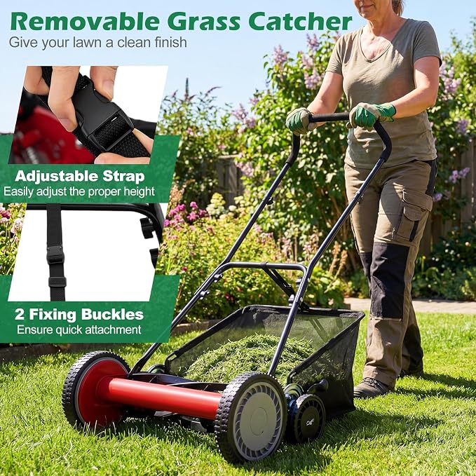 Push Reel Lawn Mower, Cordless 18" Manganese Steel Manual Grass Cutter with 5-Blade, Removable Grass Catcher, 9 Cutting Heights, Walk-Behind Lawn Mower for Garden Farm Yard (Red)