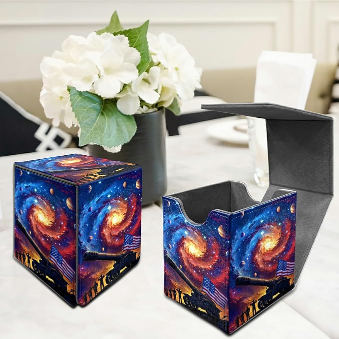 Starry Sky Flag Card Deck Box for MTG, Personalized Card Storage Case Fits 120+ Sleeved Cards, Premium Leather TCG Box with Strong Magnetic Closure for Magic, CCG, PTCG, Baseball Cards