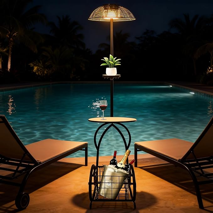 Solar Outdoor Coffee Table with Light, 52.5'' Black Metal Patio Coffee Table, Waterproof IP65 Solar Side Table with Auto Lighting & USB Charging, Outdoor Plant Stand for Patio Porch Backyard Poolside