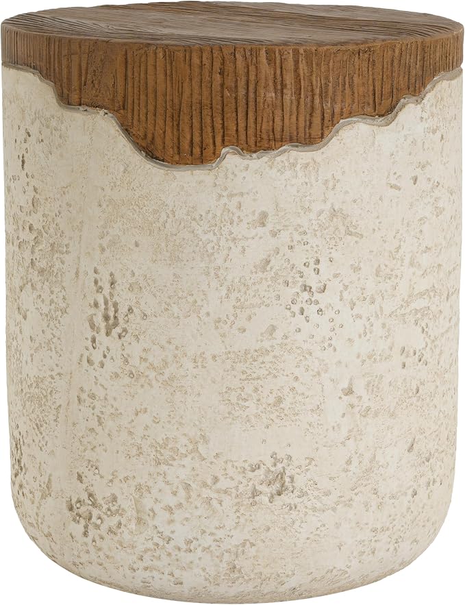 Merax Outdoor Patio Side Table, Modern MGO Round Accent End Table with Beige Textured Base & Faux-Wood Grain Top, Sculptural Design, 19" Height Side Table for Poolish Garden Balcony