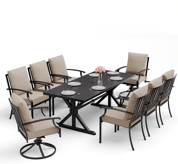 ALAULM 9-Piece Patio Dining Set,Outdoor Metal Dining Set with 2 Swivel Chairs & Rectangle Table with 1.5 Umbrella Hole, Patio Dining Table and Chairs for Backyard,Sand