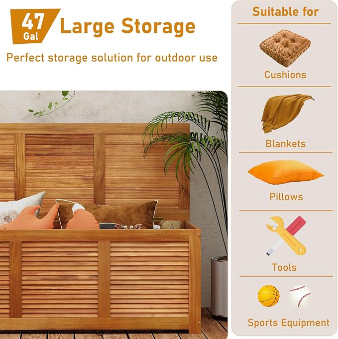 DREAMADE 47 Gallon Acacia Wood Deck Box, Patio Storage Bench with Large Capacity, Supports 355 lbs, Outdoor Storage Box for Garden Backyard Patio Porch Seating, Natural
