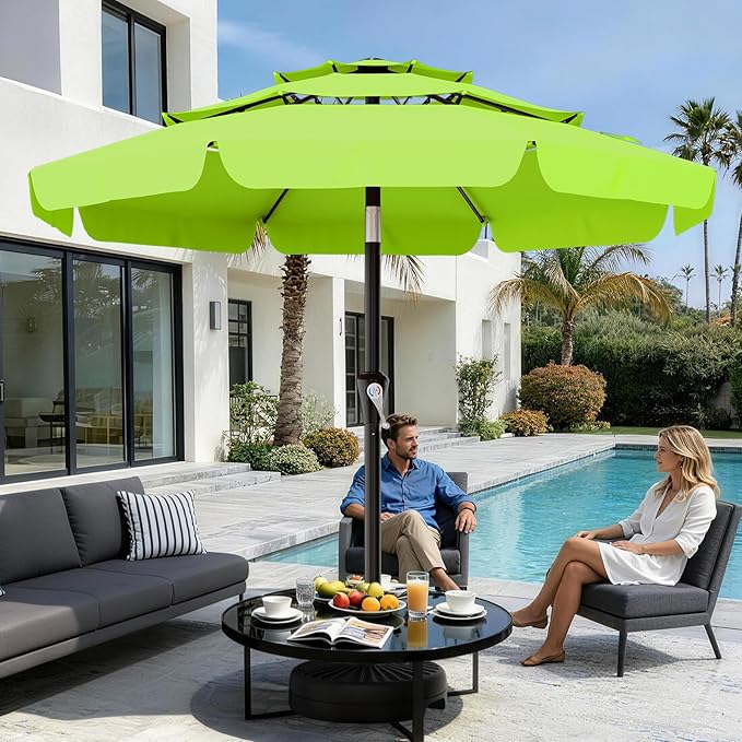 AreShark 9FT 3-Tiers Patio Umbrella with Valance, Outdoor Umbrellas with Crank/Tilt, Table Market Umbrella Vented w/ 8 Sturdy Ribs for Garden, Deck, Backyard, and Pool, Apple Green