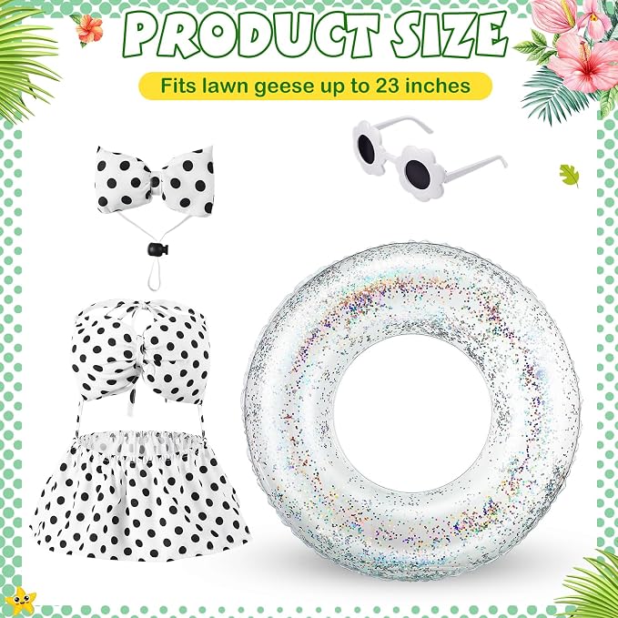 Bikini Porch Goose Outfits with Sunglasses and Swimming Tube for 23" Summer Goose Costume Garden Patio Statue Decor(Black Polka Dots)
