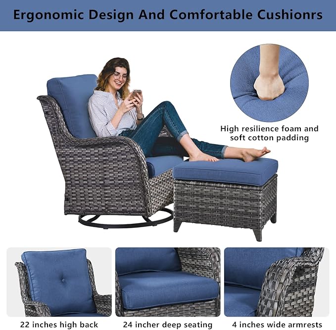 Belord Wicker Patio Furniture Sets - 8 Piece Outdoor Furniture Rattan Conversation Sets with 4 Swivel Rocker Chairs, Rattan Sofa, Wicker Ottomans and Coffee Table, Mixed Grey/Blue