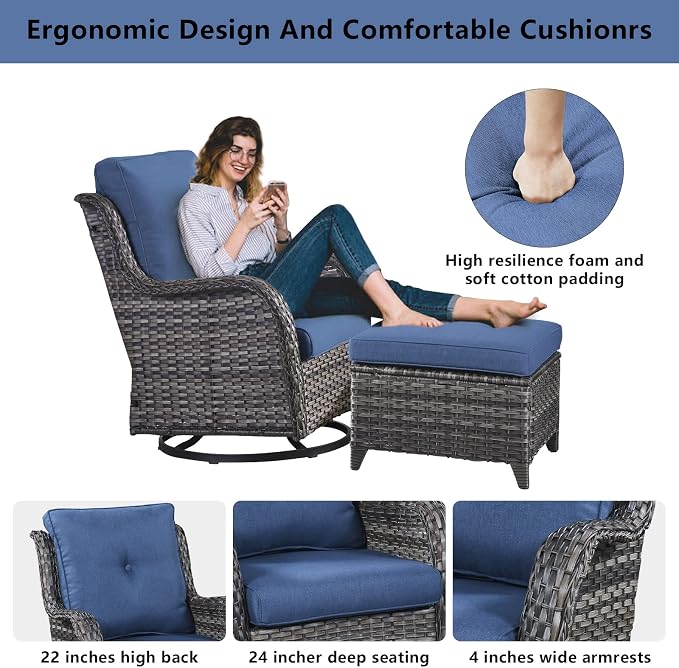 Belord Outdoor Swivel Chairs Set of 2,Patio Wicker Rocker Chairs with Ottomans, All Weather Patio Conversation Furniture Set, Ideal for Porch Balcony Deck Yard, Gray Wicker/Blue