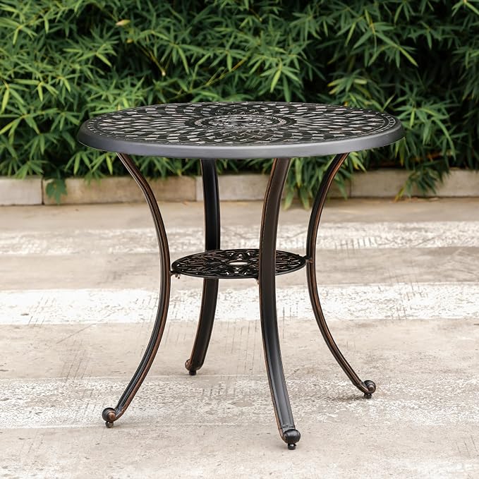31inch Patio Bistro Table All Weather Patio Table with Umbrella Hole, Retro Cast Aluminum Bistro Table Round Metal Side Table, Bronze