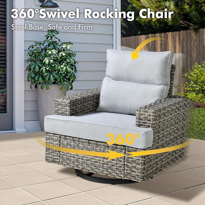 Weaxty 9 Pieces Patio Furniture Set, Outdoor Sectional Furniture Sofa Set w/Swivel Rocking Chairs Coffee Table, PE Wicker Modular Couch Conversation Set for Backyard Garden,Gray