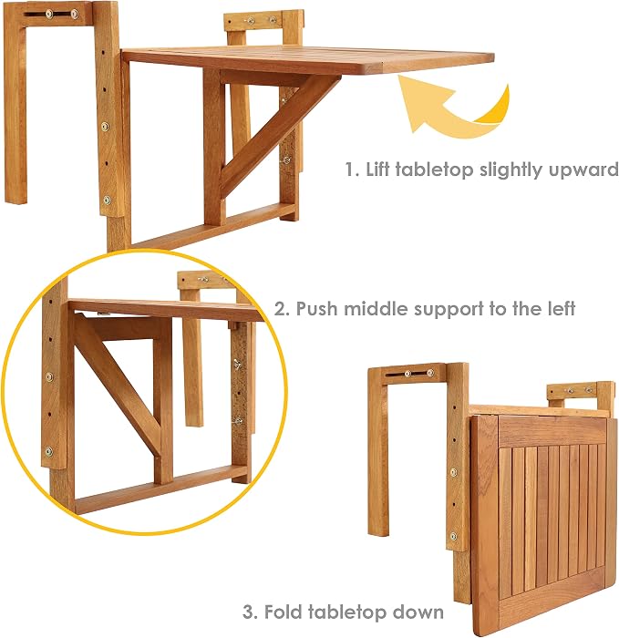 Sunnydaze Meranti Folding Balcony Patio Railing Table for 4-Inch to 8.75-Inch Railings