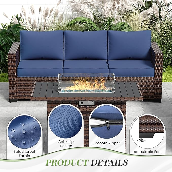 Amopatio Oversized Outdoor Sectional Sofa Set with 44" Metal Fire Pit Table & Storage Coffee Table - Waterproof Wicker Patio Furniture Set, Modular Furniture with Removable Cushions (Navy)