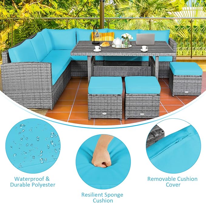 Tangkula 7 Pieces Patio Furniture Set, Outdoor Sectional Rattan Sofa Set with Cushions, All Weather Wicker Conversation Couch Set w/Dining Table & Ottomans for Backyard Garden Poolside (Turquoise)