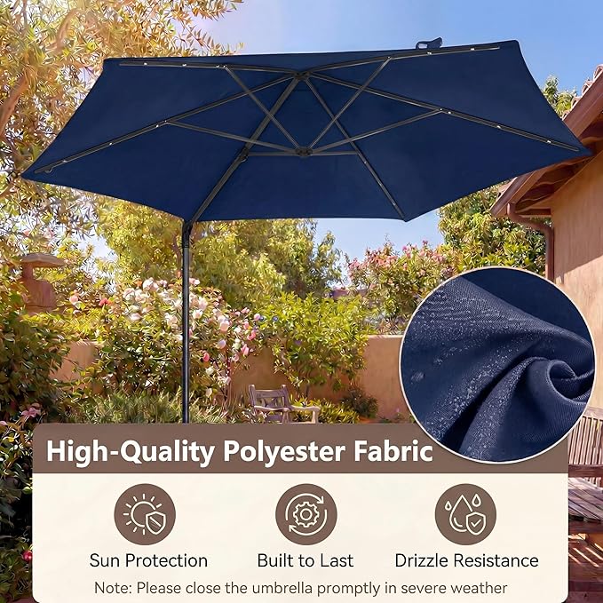 HAPPYGRILL 10 FT Patio Umbrella with Solar Lights, Outdoor Offset Cantilever Umbrella with White LED Lights, 360 Degree Rotation, Air Vent for Pool Deck Garden Backyard