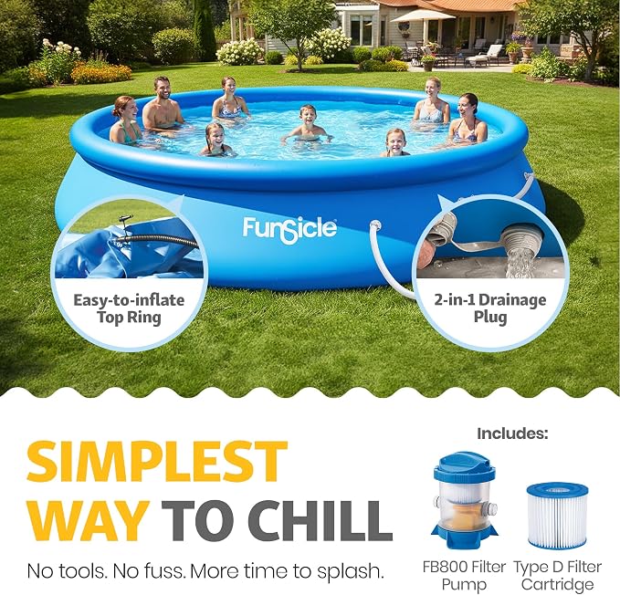 Funsicle Quickset 15' x 36" Round Above Ground Swimming Pool, with FiltraBoost 800 GPH Filter Pump, Type D Filter Cartridge & Repair Patch