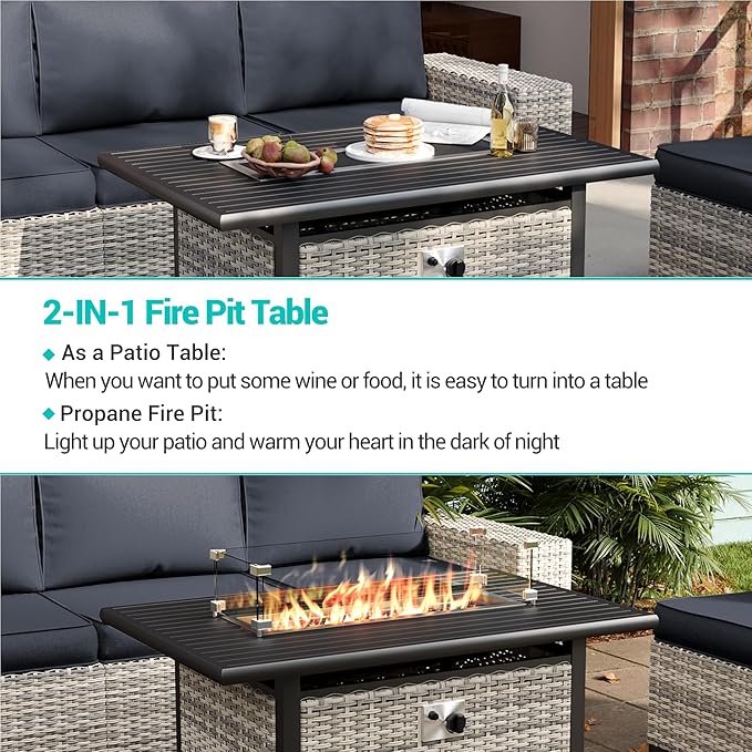 13-Piece Outdoor Patio Furniture Set with Rocking Swivel Chair, Wicker Rattan Sectional Sofa Conversation Set with 55,000 BTU Fire Pit Table with Ottomans, Backyard Furniture, Dark Grey