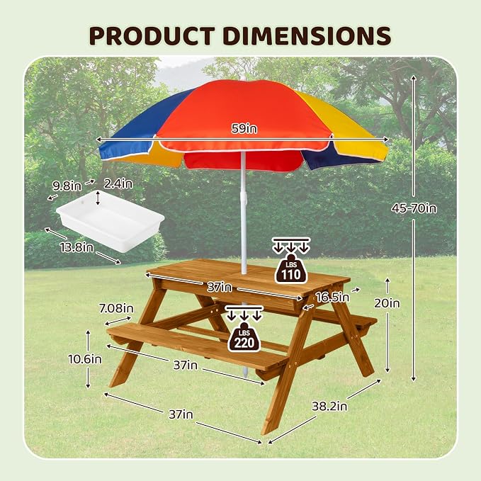 JOYMOR 4-in-1 Kids Picnic Table w/2 Sensory Bins, Cedar Wooden Sand & Water Table with Height Adjustable Umbrella, Wooden Kids Outdoor Picnic Tables for Garden, Backyard, Patio Furniture(Natural)