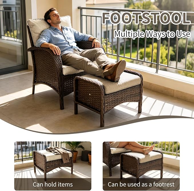 Outdoor Swivel Rocker Patio Chairs (Brown Wicker/Khaki Cushion, 9PC/Sofa & Swivel & Chair &2 Table& Ottomans)