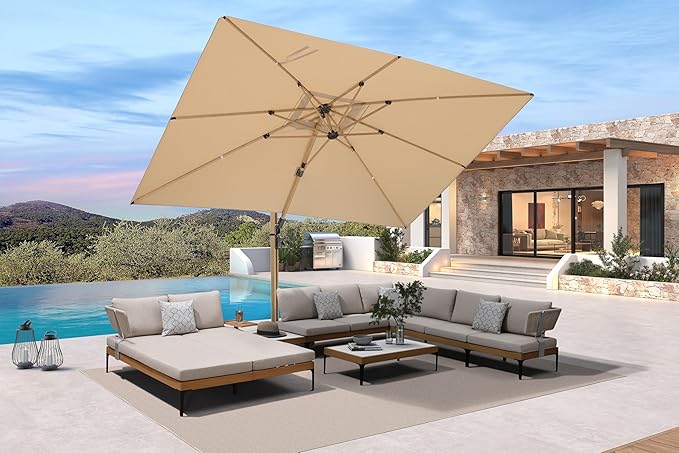 PURPLE LEAF 7 Pieces Patio Furniture Set with 9' X 12' Cantilever Umbrella Daybed Tables Outdoor Wicker Sectional Conversation Sets Modern Aluminum L Shaped Sofa for Balcony Yard Garden Poolside