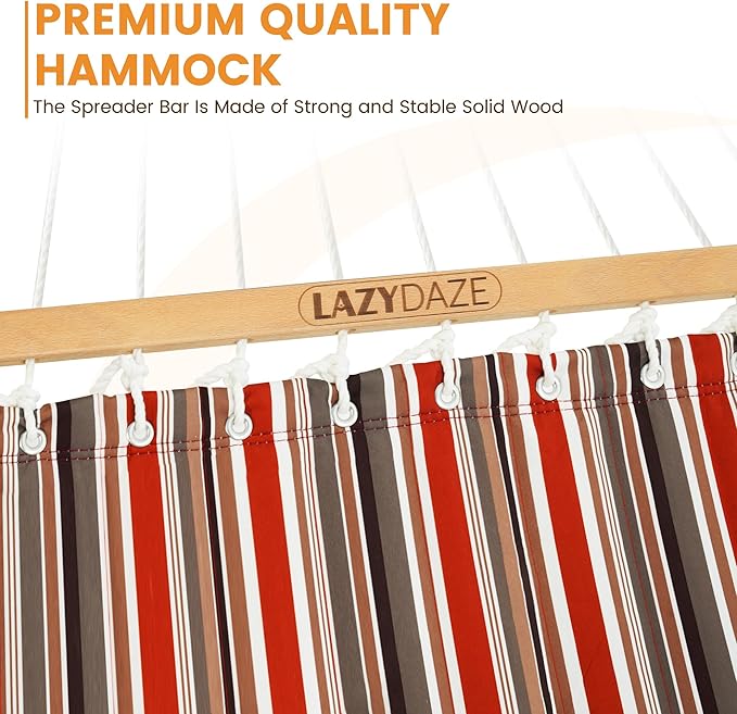 Lazy Daze Hammocks 12 FT Quilted Fabric Double Hammock with Spreader Bars and Detachable Pillow, 450lbs Weight Capacity, Red Brown