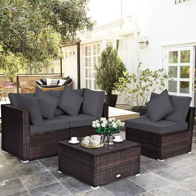 HAPPYGRILL 4PCS Patio Conversation Set Outdoor Wicker Sofa Set, Modern Sectional Couch Set with Washable Cushions & Pillows, All Weather PE Rattan Patio Furniture Set