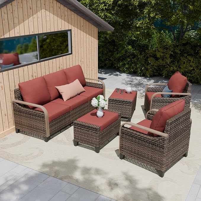 COOS BAY Modern Wicker Outdoor Furniture Set, 5 Piece Patio Conversation Set with 2 Patio Chairs, a 3 Seat Couch and 2 Ottomans, 5 Piece, Brown/Red