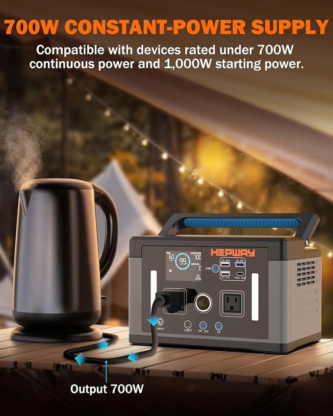 Portable Power Station 700W, 577Wh Battery Solar Generator, Power Bank 110V Surge 1000W Pure Sine Wave 2 AC Outlets with PD 60W USB-C Fast Charging for CPAP Camping, Hurricane Emergency, RVs