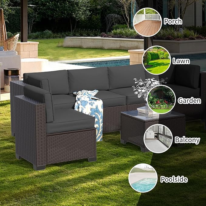 7 Piece Patio Furniture Set, Wicker Patio Conversation Sets, Outdoor Sectional Furniture with Tempered Glass Table, for Backyard, Deck, Garden, Dark Brown Rattan & Dark Gray Cushions
