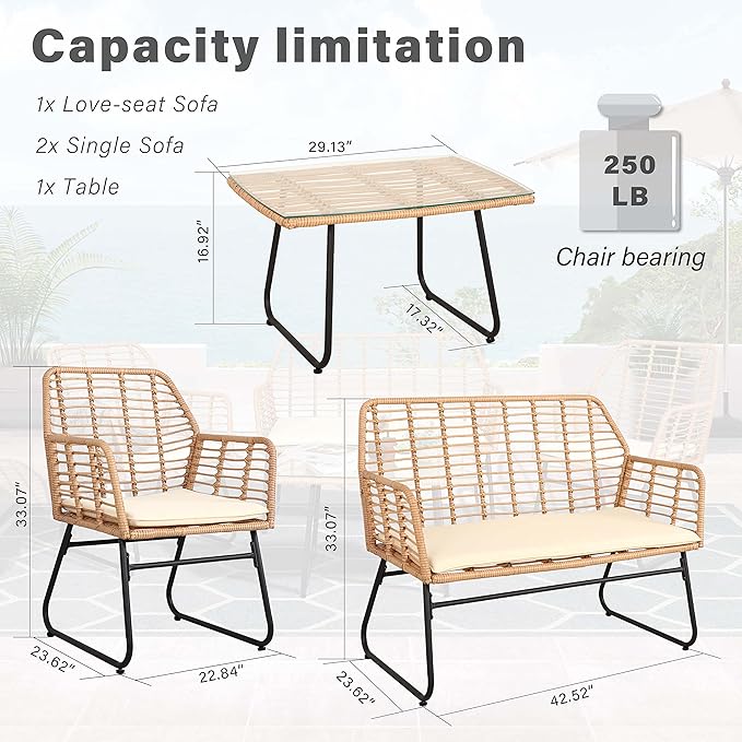 4 Piece Patio Conversation Set, Outdoor Wicker Furniture Set,Rattan Patio Furniture Sets for Backyard,Front Porch, Beige