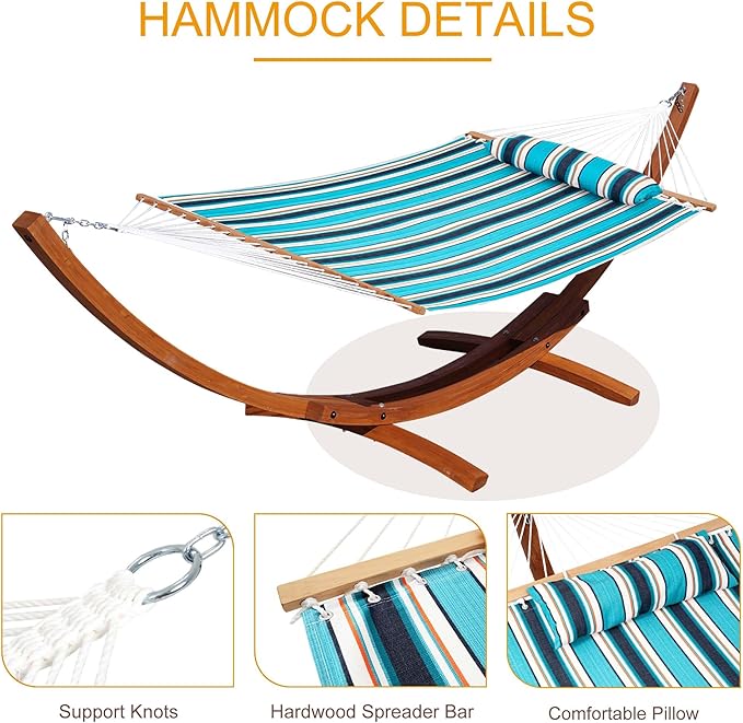 Lazy Daze 12FT Sunbrella Fabric Hammock with 13FT Wood Arc Stand, Free Pillow Fits for Two Persons, All Weather and Fade Resistant for Patio Yard, 450 lbs Weight Capacity, Token Surfside