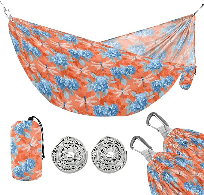 Camping Hammock Outdoor Hammocks for Outside Blue Hydrangea Dragonfly Beach Trees Portable Lightweight with Pockets Tree Straps Indoor