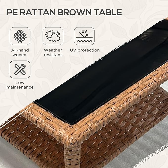 Outsunny Rattan Side Table, Outdoor End Table with Storage Shelf, Aluminum Frame Square, Coffee Table with Tempered Glass Top, Sand