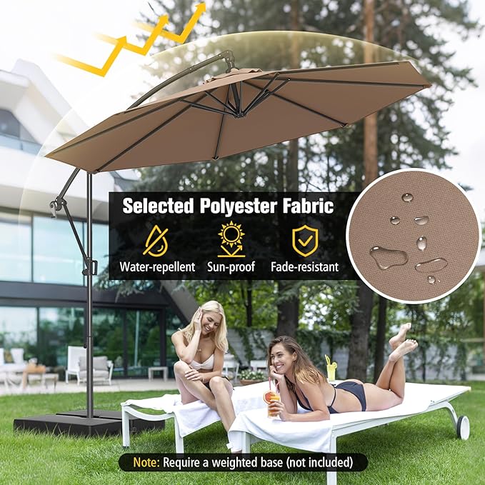 Tangkula 10 FT Patio Offset Umbrella, Hanging Cantilever Umbrella w/X-shaped Base & 360° Rotation, Smooth Crank Handle, Vented Top, Outdoor Market Umbrella for Backyard, Deck (Coffee)