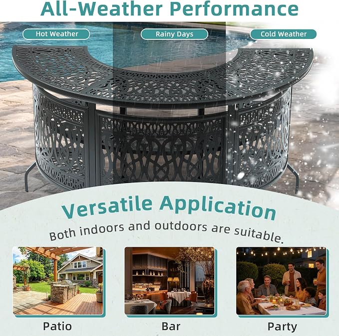 MEETWARM Large 3-Tier Half Moon Outdoor Bar Table, All-Weather Cast Aluminum 75" Patio Party Bar Table with Storage Shelves, 220 LBS Heavy Duty Patio Counter Table High Top Dining Table Home Bar Unit