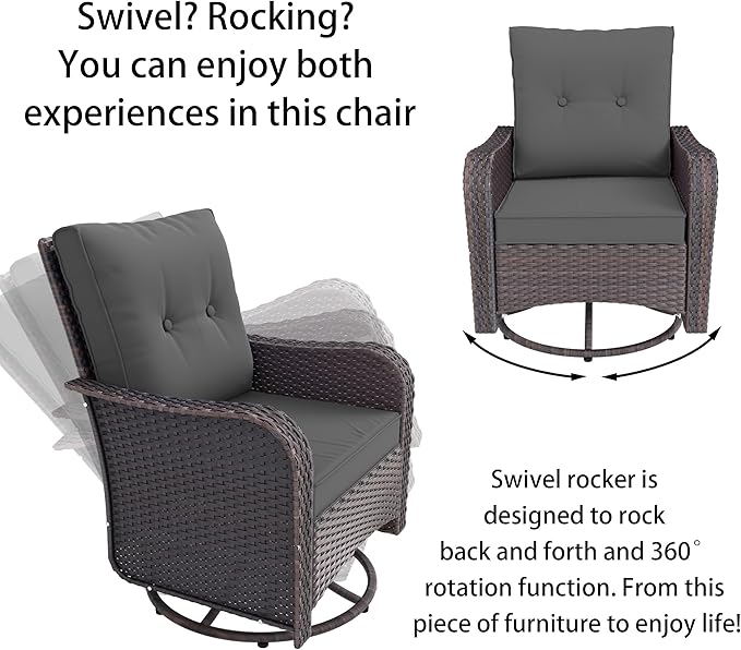 3 Piece Wicker Swivel Rocking Chair Set, Outdoor Patio Glider Chair with Glass Top Coffee Table, Conversation Furniture Set Suitable for Patio, Lawn, Outdoor, Back Garden(Grey)