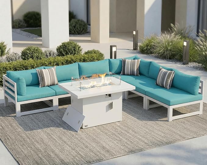 NICESOUL 6 Person Modern Aluminum Outdoor Patio Furniture Set with Fireplace, 29" Wide Deep Seating, Fade & Water Resistant L Shaped Sectional Couch, Large Conversation Set for Backyard Terrace, Teal