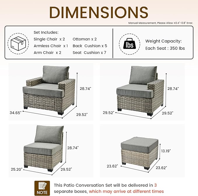 Patio Furniture Sets 7 Pieces Outdoor Sectional Rattan Sofa Manual Weaving Wicker Patio Conversation Set with Ottomans and T Cushion(Dark Gray)