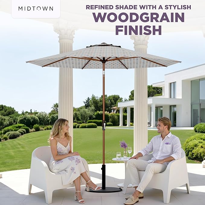 Midtown Umbrellas Wooden 2-8 Ft Patio Umbrella with 360° Swivel & Tilt Mechanism, 8 Fiberglass Ribs & Sunbrella Fabric - Outdoor Umbrella for Deck, Pool & Garden - Burgundy Canopy, Wooden Pole